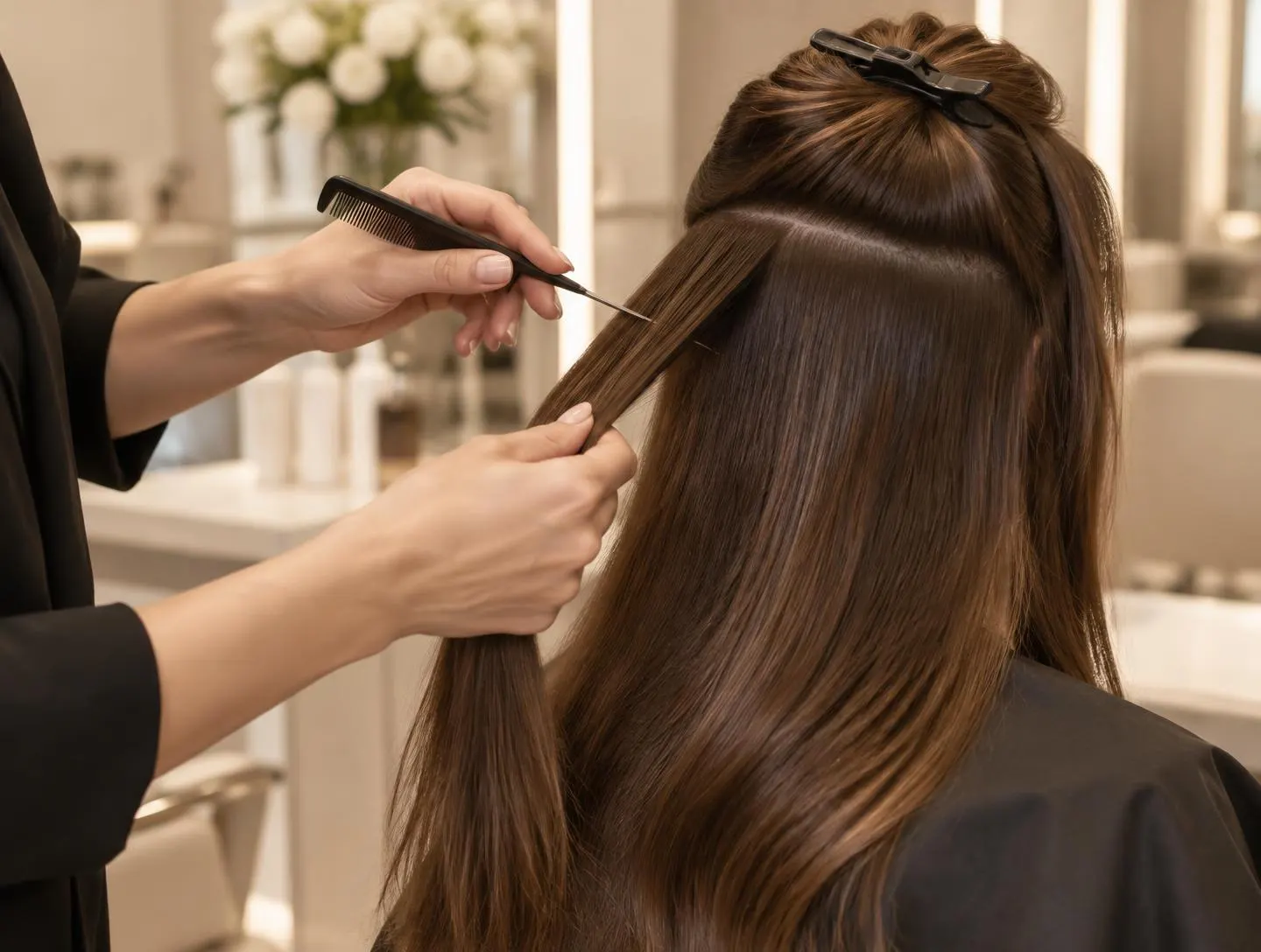Mani di una professionista che separano una ciocca di capelli lunghi in salone